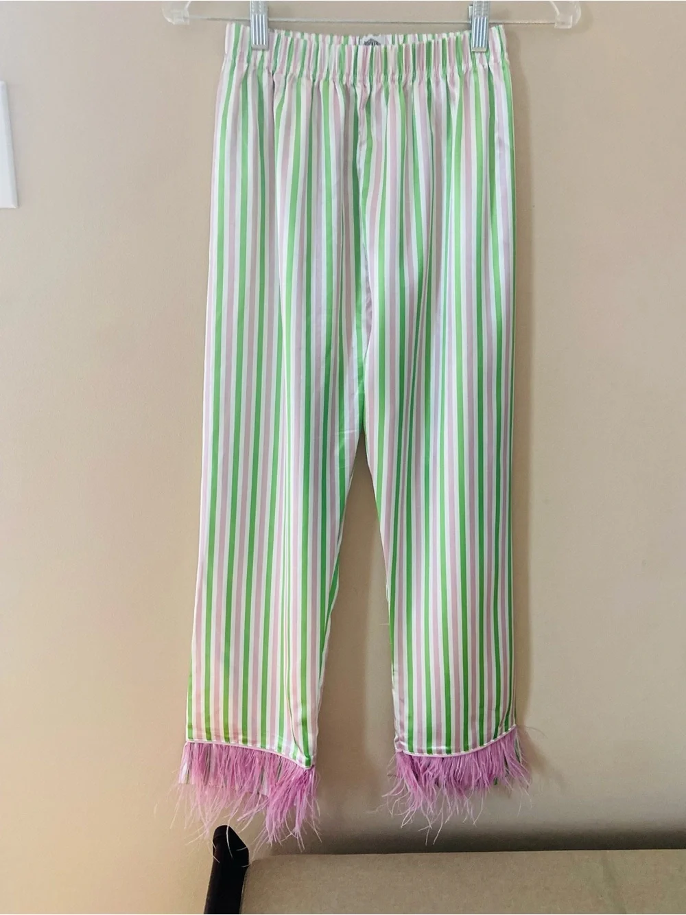 Lola + The Boys Wicked Universal Girl Pajama Set Green Pink Striped Feather Trim
